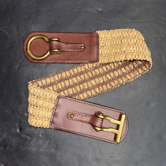 Vintage Fossil Wide Stretch Cinch Waist Belt Leather Woven Gold Buckle Boho - Picture 1 of 12